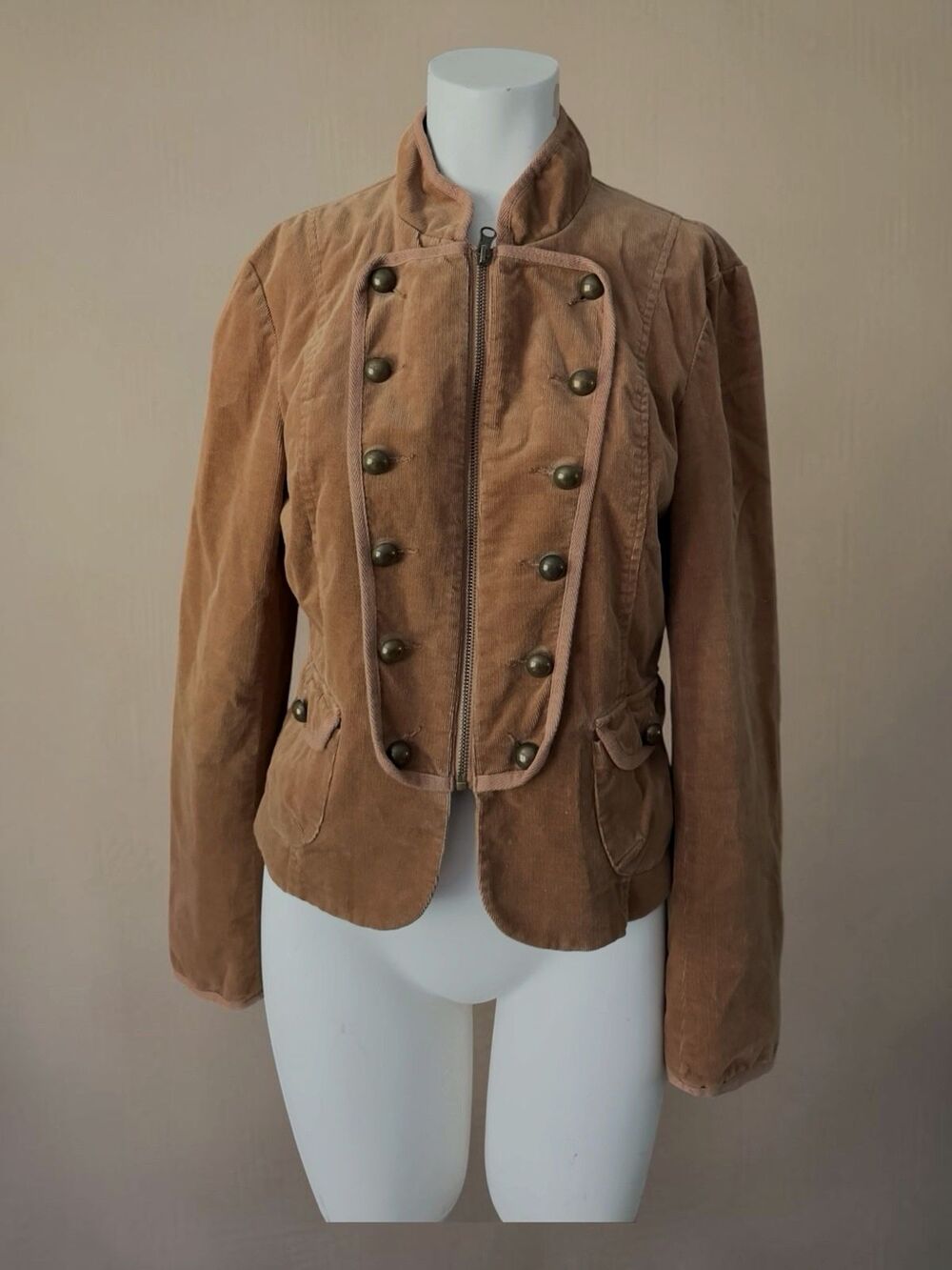 Vintage Y2k Brown Military Style Double Breasted Cropped Jacket Siz M